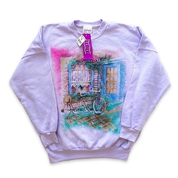𝅺VINTAGE | NWT Cottage Print Fleece Crewneck Sweater Purple - Picture 1 of 7